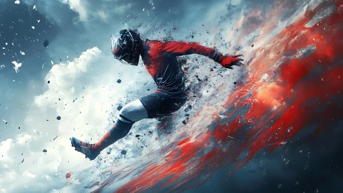 Dynamic soccer athlete exploding through red kinetic energy