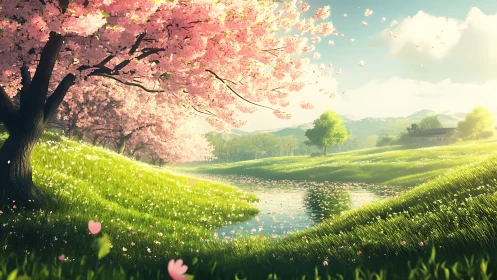 Gentle cherry blossoms drift above a sunlit spring stream