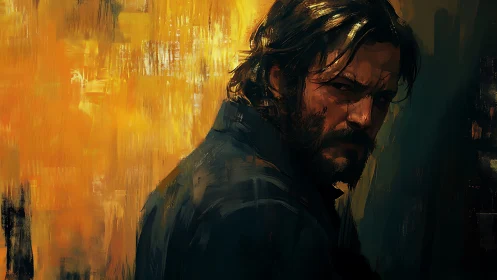 Brooding bearded man turns in molten golden shadow light