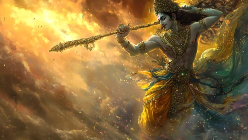 Divine warrior deity with jeweled spear amid luminous storm