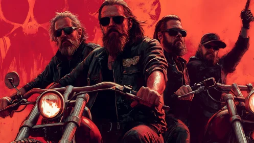 Bearded outlaw bikers ride through crimson inferno sky.