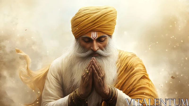 Elderly turbaned devotee in prayer, warm soft diffusion lighting
