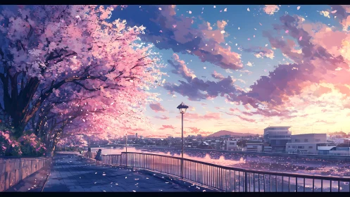 Riverside cherry blossom promenade under luminous sunset sky.