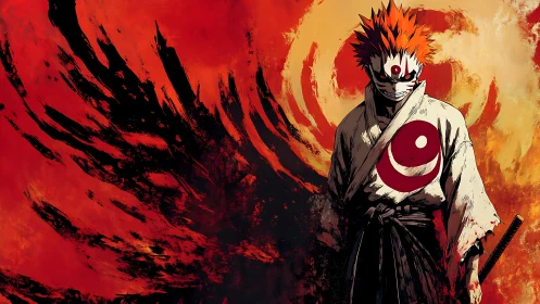 Anime warrior in infernal abstract brushstroke composition.