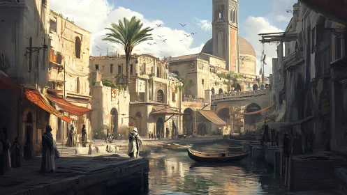 Mediterranean canal cityscape in warm architectural concept art.