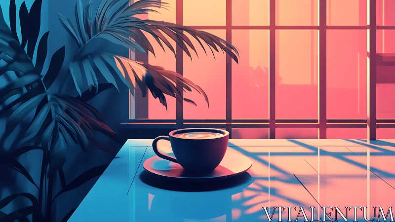 Sunlit coffee cup rests beside tropical leaves at window