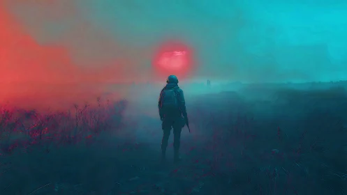 Digital painting of lone soldier in neon-tinted wasteland field.