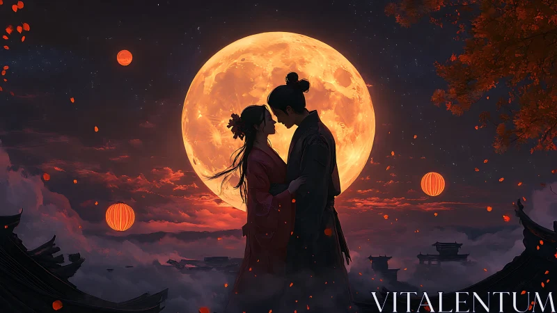 Backlit lovers framed by oversized harvest moon and lantern haze