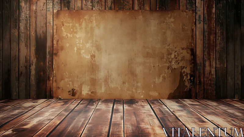 Worn wooden interior with distressed blank wall panel.