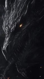 Monochrome dragon head in dark environment, side profile.