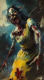 Undead woman lunges forward in tattered yellow dress.