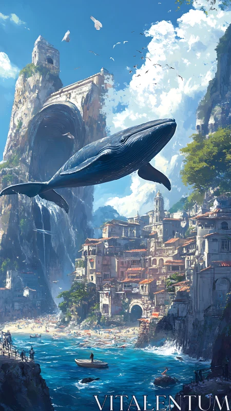 Digital painting of coastal cliff city with soaring whale vista.