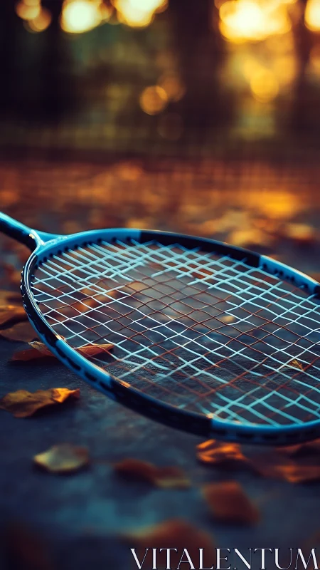 Tennis racket on court ground in warm sunset light scene.