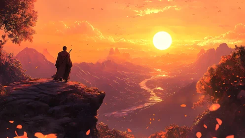 Lone traveler watches blazing sunset over vast valley.
