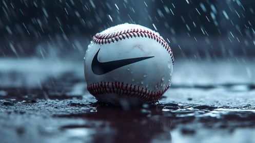 Nike branded baseball on wet field under heavy rain.