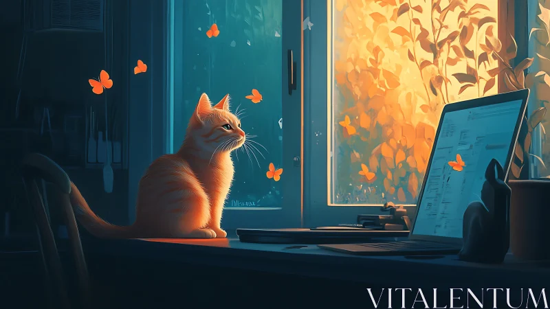 Orange cat watching butterflies at desk with glowing window light