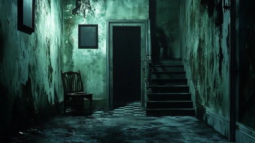 Moody abandoned hallway with stairs into eerie shadows.