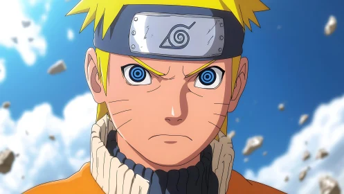 Close-up anime portrait renders determined ninja in dynamic sky