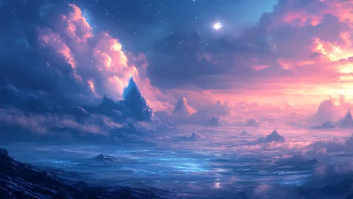 Spectral twilight over crystalline alien oceanic landscape