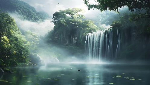 Misty jungle waterfall cascades into tranquil emerald lagoon.