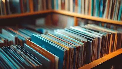 Vinyl record sleeves in warm-lit wooden archive shelves.