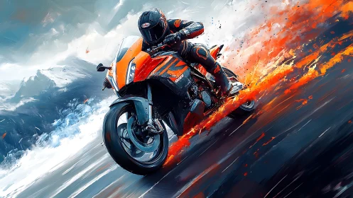 Flame-trail superbike carving storms of snow and smoke.