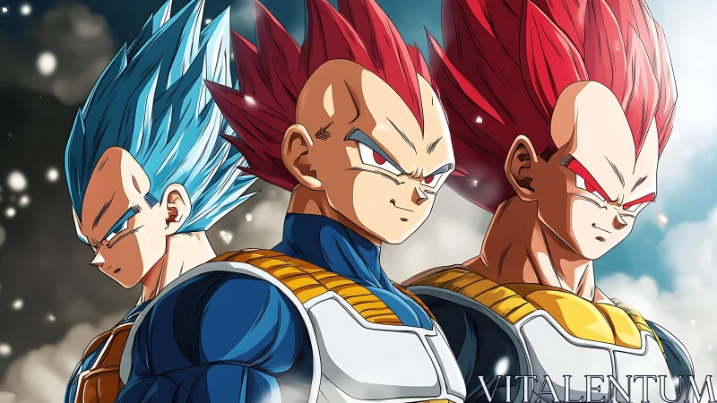 Saiyan warrior in three evolving, power-charged forms.