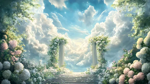Celestial terrace garden with neoclassical floral colonnade.
