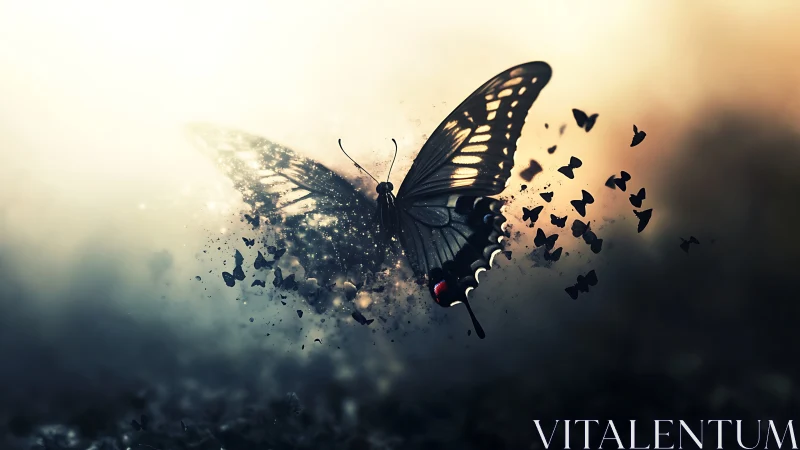 Butterfly disintegration effect in backlit digital artwork.