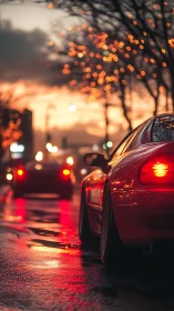Low-angle telephoto view captures wet-street bokeh around red coupe