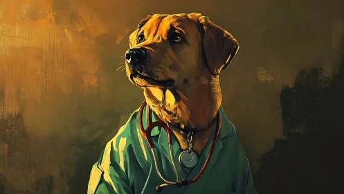 Kind-eyed dog doctor in teal scrubs with stethoscope poised.