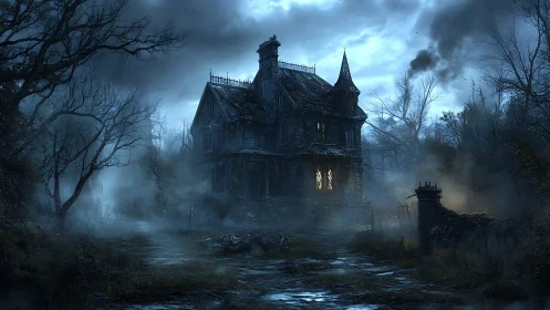 Rain-soaked Victorian mansion looms through dense night fog
