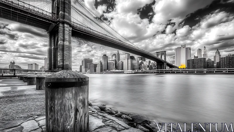 High-contrast monochrome cityscape isolates bridge geometry and color accent