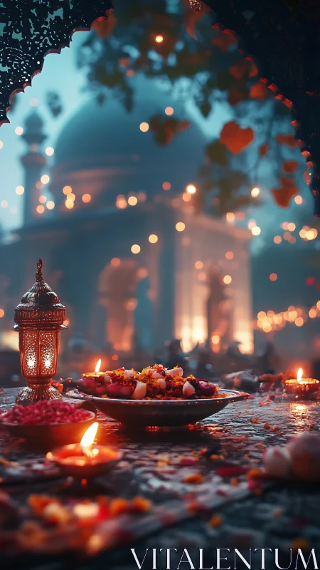 Soft lantern light welcomes a serene evening temple feast