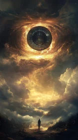 Cosmic eye opens as a lone wanderer walks through dawnfire