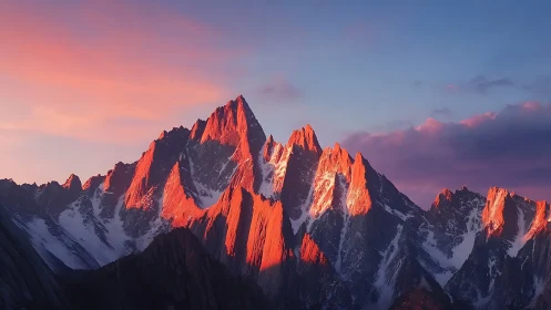 Alpenglow-illuminated serrated granite peaks at civil sunrise.