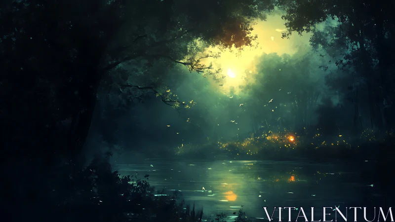 Moonlit fireflies quietly choreograph a riverbank glow