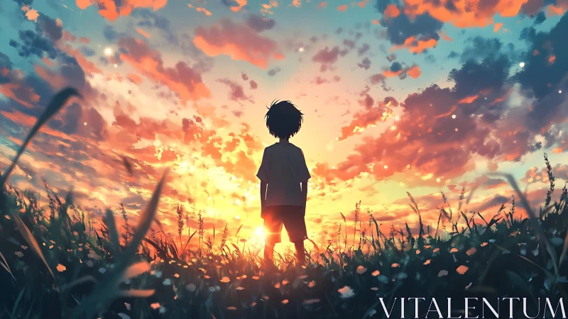 Silhouetted child observes low sun across dense grassy field
