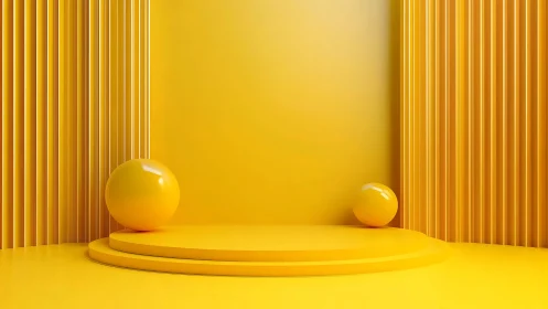 Monochrome yellow 3D stage with glossy spheres and fluted walls.