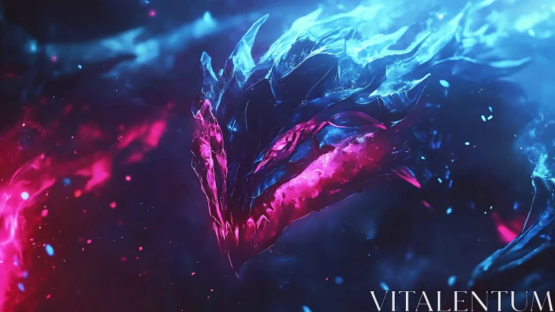 Crystal dragon head in vivid blue and magenta light.