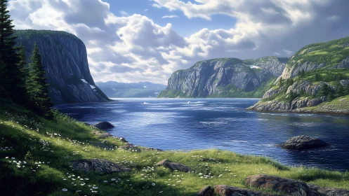 Glacial fjord inlet with alpine cliffs and wildflower shoreline