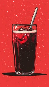 Glass of dark soda with straw on bold red background.