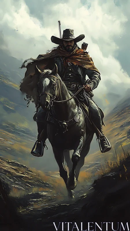 Lone cowboy rides stormy canyon trail under brooding sky.