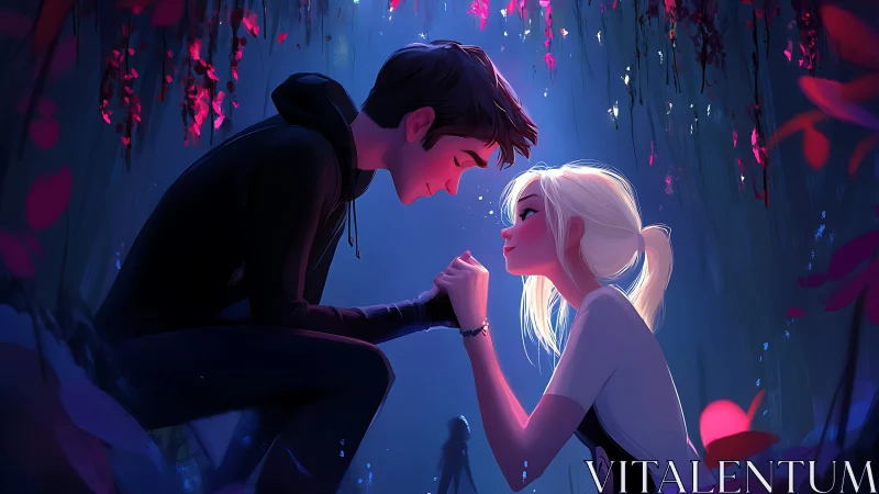 Neon-Lit Romantic Encounter: Two Figures in Luminous Digital Space.