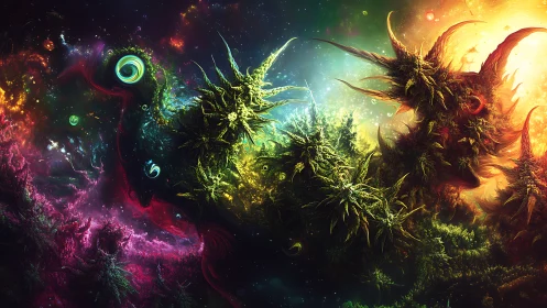 Bioluminescent stellar reef with fractal nebular growths.