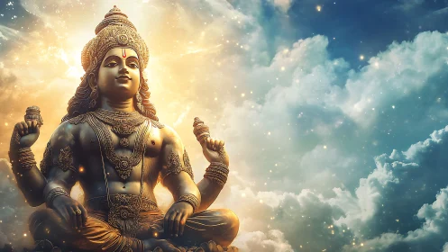 Hindu deity sculpture framed by radiant clouded sky.
