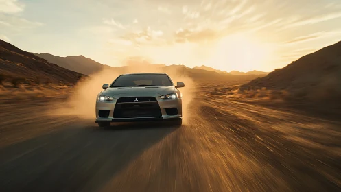 Sunlit sports car powers confidently across desert road