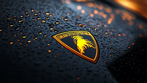 Sports car hood emblem glows through reflective rain droplets