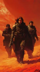 Storm-worn desert squad strides through ember-tinted chaos.