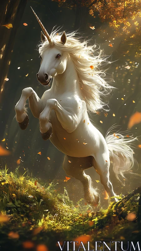 White unicorn rearing in a sunlit autumn forest scene.